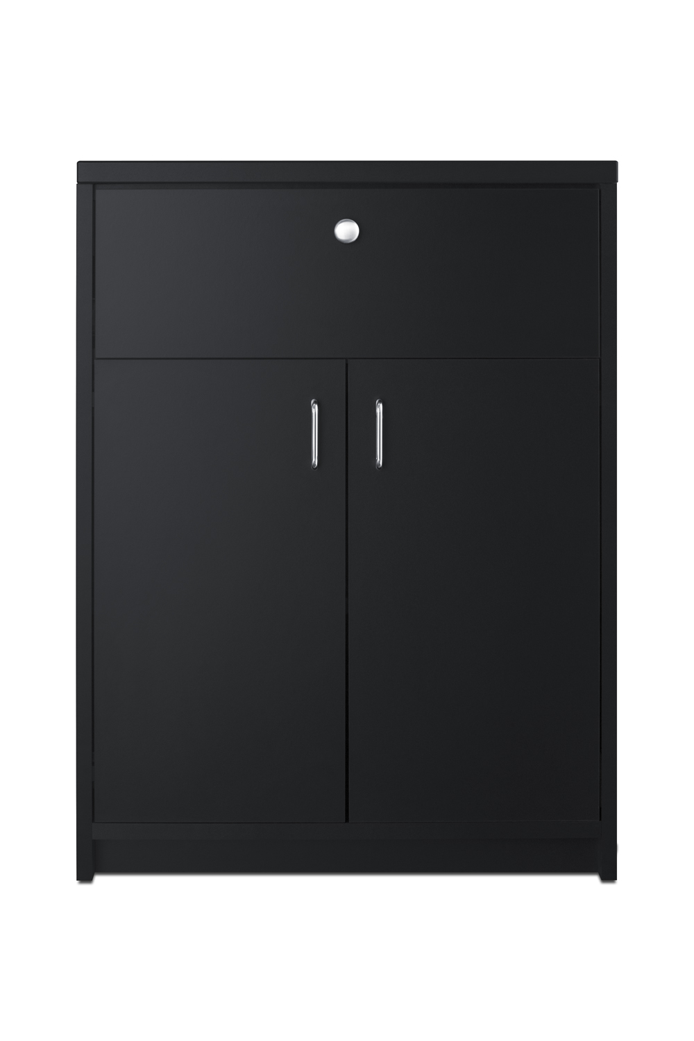 Fully assembled casework cabinet with storage drawer and French doors in ADA compliant height and black finish